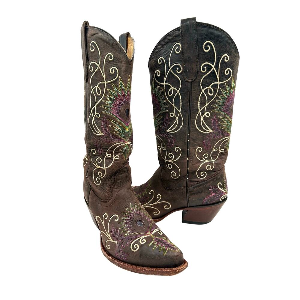 Tony Lama Women's Espresso  Western leather cowgirl boots peacock feather SZ 8